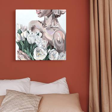 70x70 cm - Blonde Girl with White Tulips Big Lips Urban Pop Style thumb