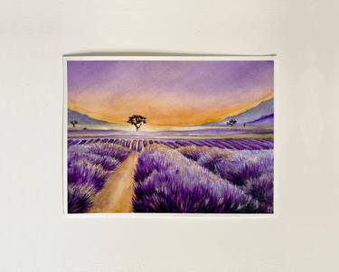 Purple Fields - Watercolour and Charcoal Landscape thumb