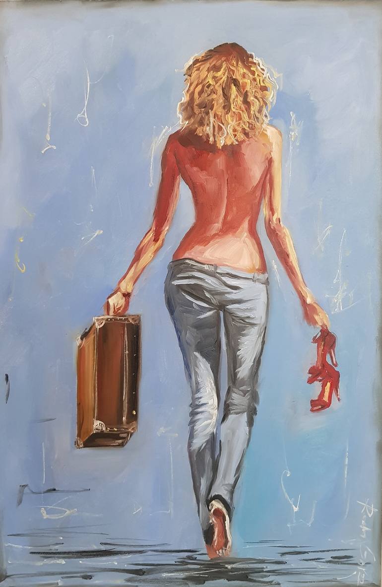 Girl with Bare Back Girl in the Rain with a Suitcase Sexy Girl Painting by  Rada Gor | Saatchi Art