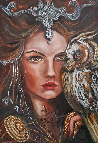 Girl with an owl Oil painting Fantastic portrait thumb
