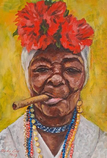 Afro Woman Smoking Oil Portrait Art Decor thumb