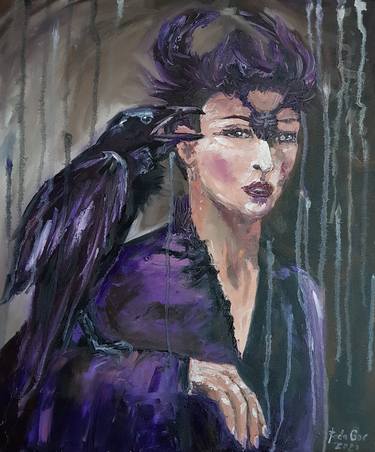 Raven painting original canvas art Girl painting Gothic Atmosphere Girl and Raven gothic wall art Raven bird Portrait painting Animal art thumb