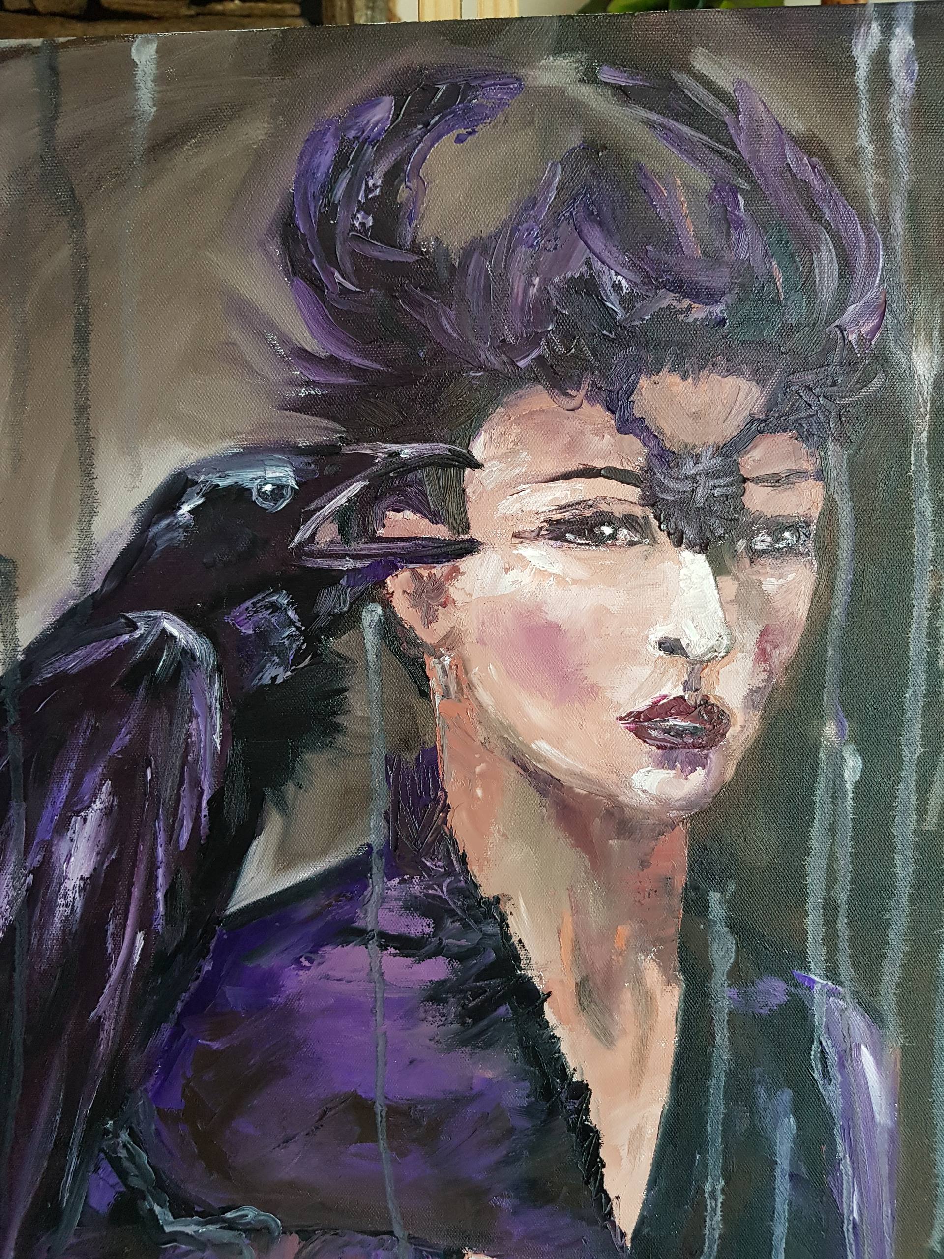 raven painting original canvas art girl painting gothic atmosphere girl and raven gothic wall art raven bird portrait painting animal art painting by rodica karaaslan saatchi art raven painting original canvas