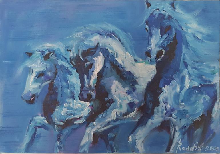 Running Horses - Hand Painted Modern Impressionist Horse Painting On ...