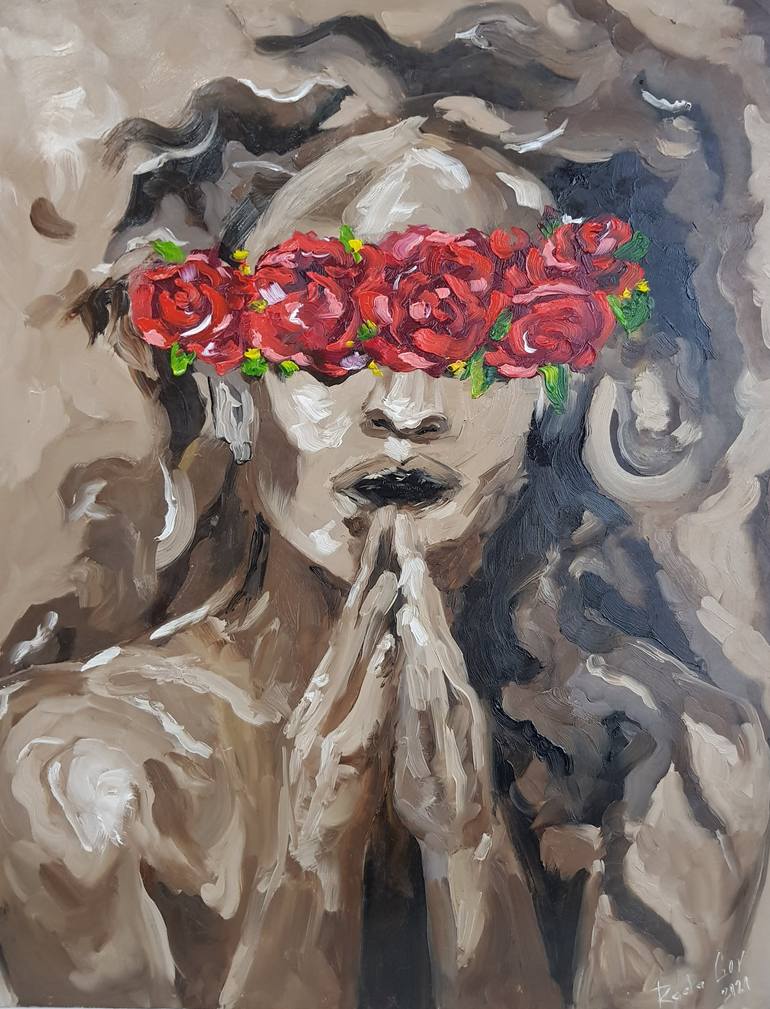 The silence of your eyes Modern Oil Painting with Beautiful Woman  Blindfolded Female Portrait Oil Art For Living Room Modern Style Painting  by Rada Gor