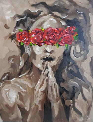 "The silence of your eyes" Modern Oil Painting with Beautiful Woman Blindfolded Female Portrait Oil Art For Living Room Modern Style thumb