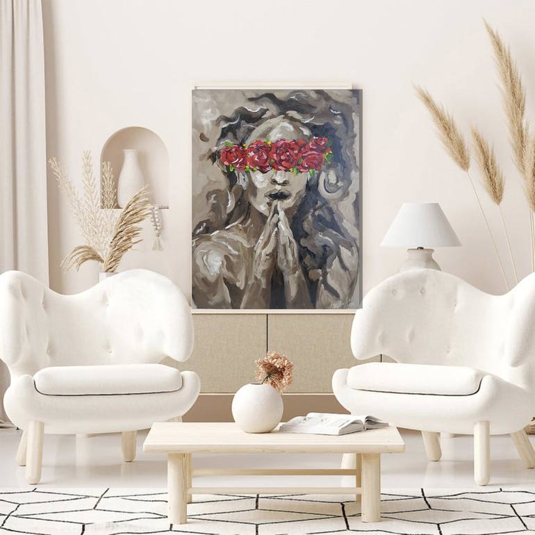 The silence of your eyes Modern Oil Painting with Beautiful Woman  Blindfolded Female Portrait Oil Art For Living Room Modern Style Painting  by Rada Gor