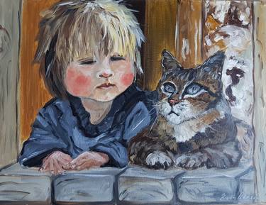 Kitten and Little Original Oil Painting Art children's room Cat art Baby Cat Painting For Cat Lovers Decor In Nursery  Childhood painting thumb