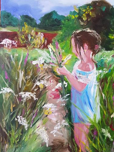 Girl with flowers Original Oil Painting on primed board cute little girl floral fine art gift home decor impasto artwork by Rada Gor thumb