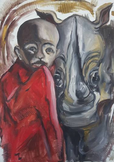 "In unity with you" Rhinoceros Boy oil painting on canvas, African boy and rhinoceros, folklore of Africa wall art thumb