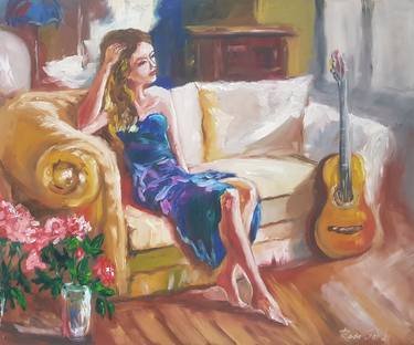 Girl on the sofa Oil painting Female figure Girl Musician art Guitar art Female portrait Girl Painting Figurative Painting thumb