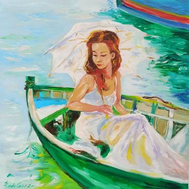 Girl in a boat painting Girl with an umbrella Figurative painting Girl in a white dres Girl on the lake Lake with boats thumb
