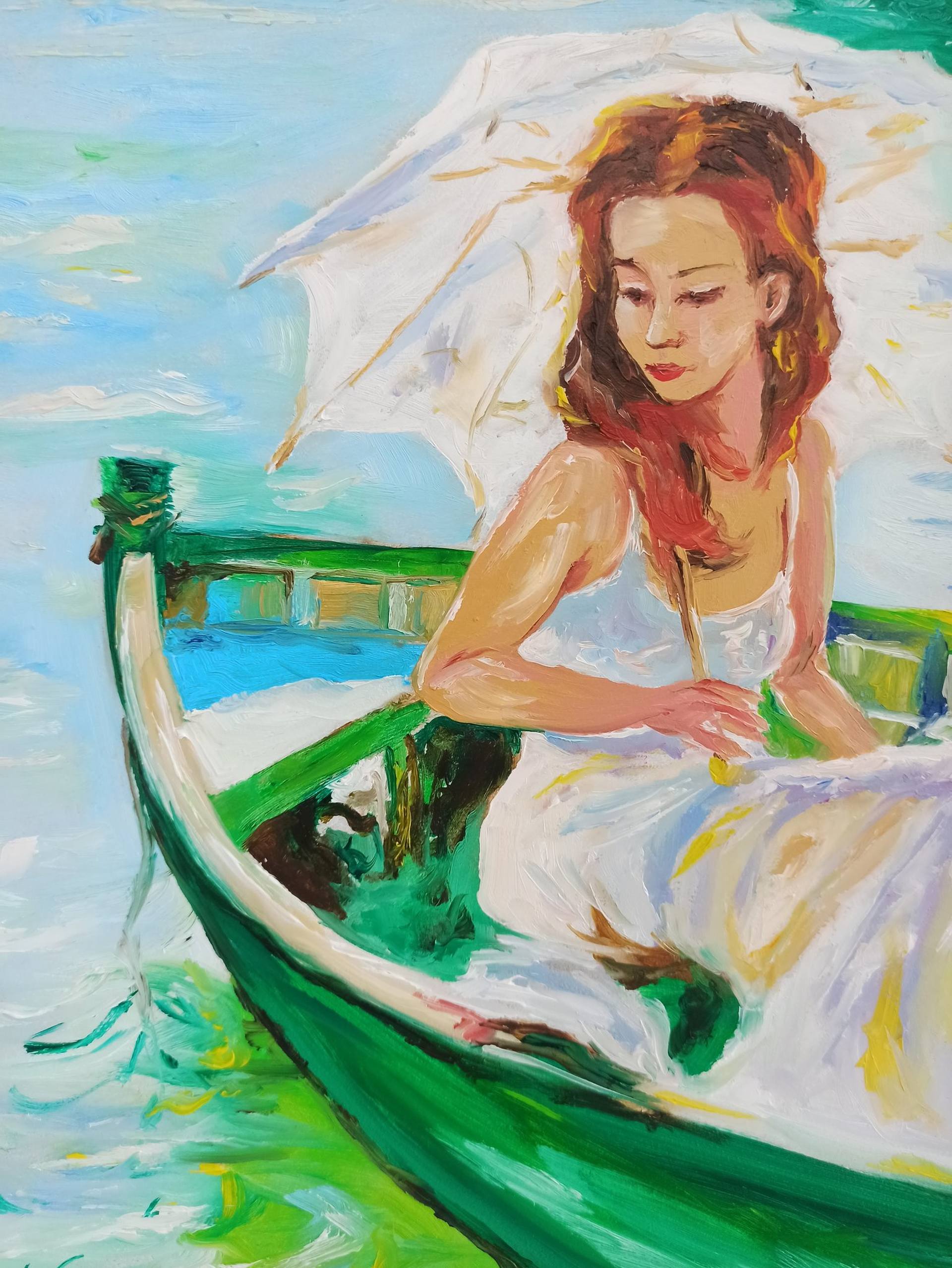 Girl in a boat painting Girl with an umbrella Figurative painting Girl in a  white dres Girl on the lake Lake with boats Painting by Rada Gor | Saatchi  Art