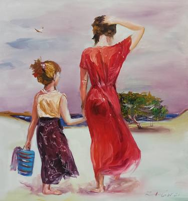Girl with a child Seascape Figurative painting A girl in a red dress on the beach Original oil painting Seagull and Sea thumb