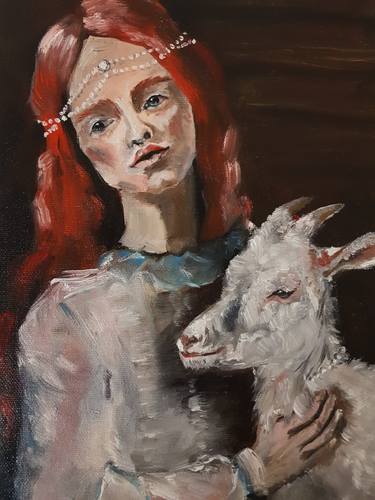 Girl with a goat the red-haired girl Original oil painting Painting on canvas Farm Animal Portrait of Pretty Girl Holding a Goat thumb
