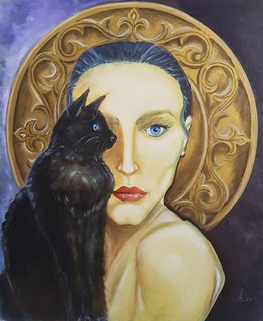 "CAT'S SOUL" GIRL WITH BLACK CAT OIL PAINTING ON CANVAS thumb