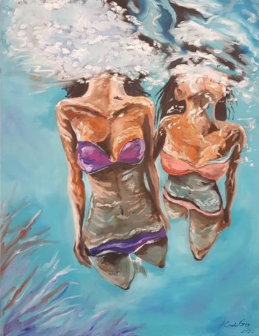 Two Divers Girls Swim in the Sea Diver Girl Oil Painting thumb