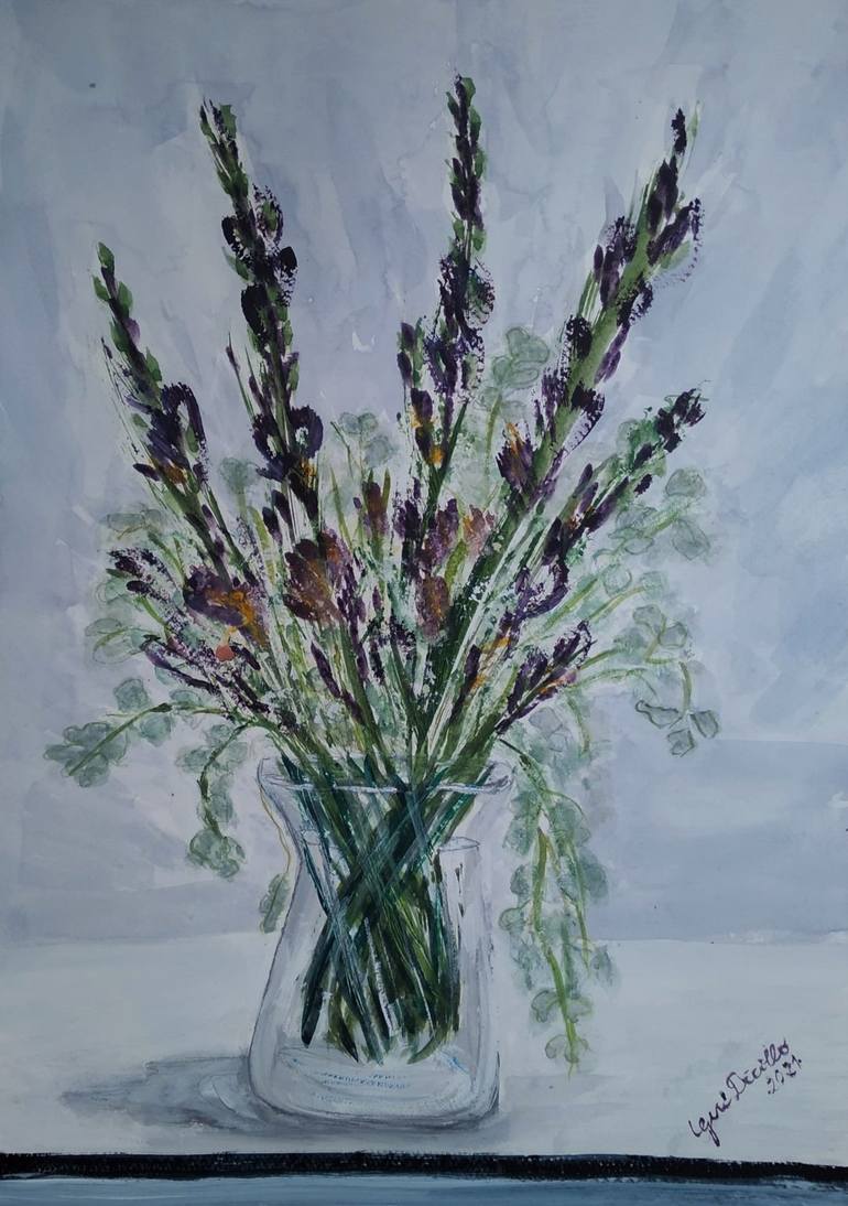 Original Floral Painting by Gerardina Dicillo | Illustration Art on Paper | Green and Purple