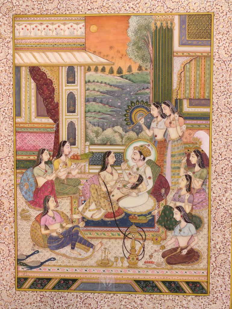 Hand Painted Mughal Love Scene Miniature Painting India Artwork Hookah Fine Artwork Painting By