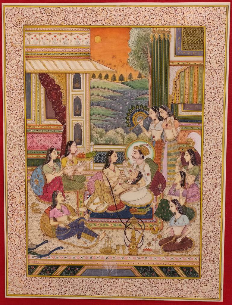 Hand Painted Mughal Love Scene Miniature Painting India Artwork Hookah ...