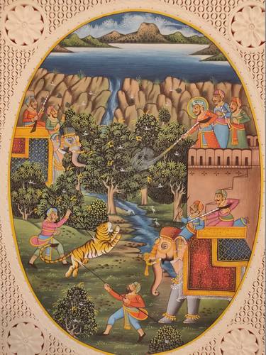 Hand Painted Mughal Hunting Scene Tiger Miniature Painting India Artwork thumb