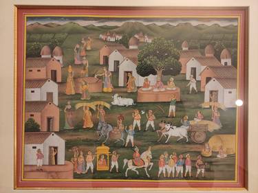 Hand Painted Indian Village Scene Miniature Painting Synthetic Ivory Natural Col thumb