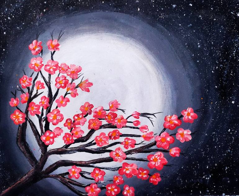 Blooming flowers to visit shining moon. Painting by Saipriya Muralibabu ...