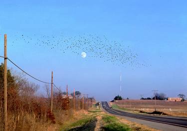 Birds flock over Route 66 and Moon, Vinita OK, 1980. Limited Edition #5 of 99 thumb