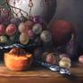 Professional oil painting on canvas in the style of hyperrealism or photorealism.  Very detailed original realistic painting.  Museum-quality artwork.  The technique of the old masters. Classical school of painting in modern still life.Fragment of a picture with fruits.