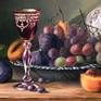 Professional oil painting on canvas in the style of hyperrealism or photorealism.  Very detailed original realistic painting.  Museum-quality artwork.  The technique of the old masters. Classical school of painting in modern still life.Fragment of a painting with fruit and a crystal glass.
