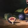 Professional oil painting on canvas in the style of hyperrealism or photorealism.  Very detailed original realistic painting.  Museum-quality artwork.  The technique of the old masters. Classical school of painting in modern still life. Fragment of a picture with figs.