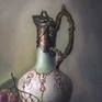 Professional oil painting on canvas in the style of hyperrealism or photorealism.  Very detailed original realistic painting.  Museum-quality artwork.  The technique of the old masters. Classical school of painting in modern still life.Fragment of a painting with a vintage jug.