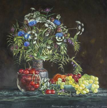 "Still life with wild flowers" drawing in a realism-style, original artwork, 2009,  gouache/paper. thumb