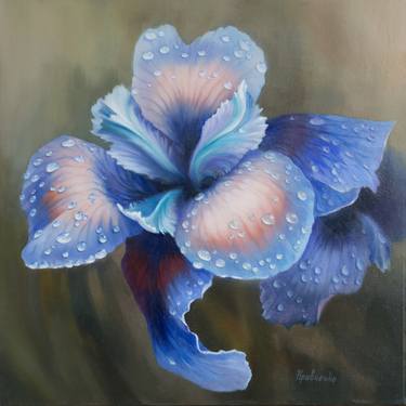 "IRIS FLOWER AFTER RAIN # 2", Oil on canvas, Modern Original Art For Sale, 2021 thumb