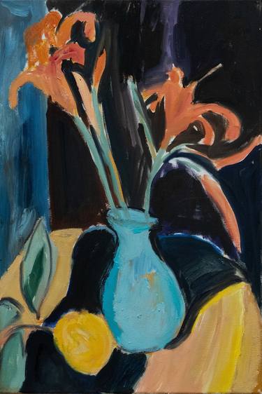 Daylilies, blue vase and lemon thumb