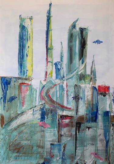 Original Abstract Cities Paintings by Olga Blueberry
