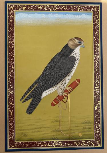 Antique falcon miniature painting in Mughal style with gold leafing in vintage look thumb