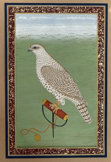 Mughal Falcon vintage Painting , miniature falcon original watercolor with gold leafing , watercolor bird wall decor, antique birds Painting thumb