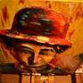 This pop art style painting is sculpted with dehydrated paper mache and painted with acrylics on a wooden support.
What I wanted was to take the famous Charles Chaplin to a painting where his peculiar way of being stands out.