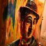 This pop art style painting is sculpted with dehydrated paper mache and painted with acrylics on a wooden support.
What I wanted was to take the famous Charles Chaplin to a painting where his peculiar way of being stands out.