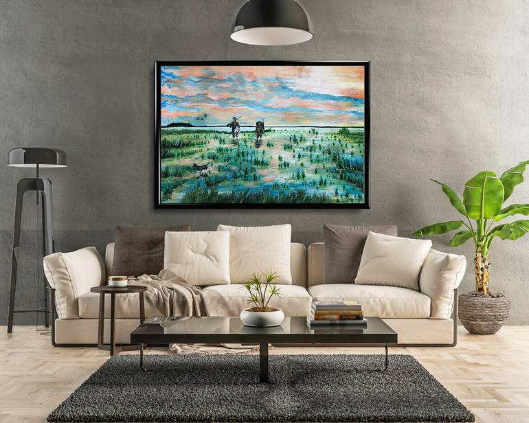 Original Art Deco Landscape Painting by Qazi Shaharyar  Akhter