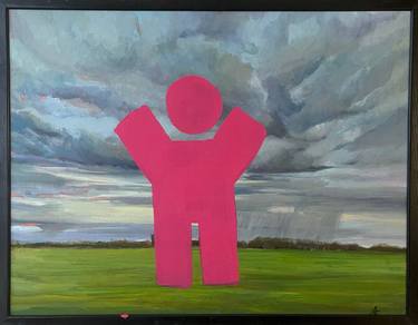 CAREFULLY, HUMAN! - large blue and green oil painting with pink human thumb