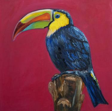 Toucan colourful bird animal painting on pink thumb