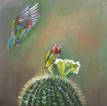 Cactus with birds animal floral oil painting thumb