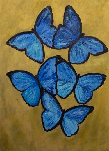 Blue Butterflies painting on gold background thumb
