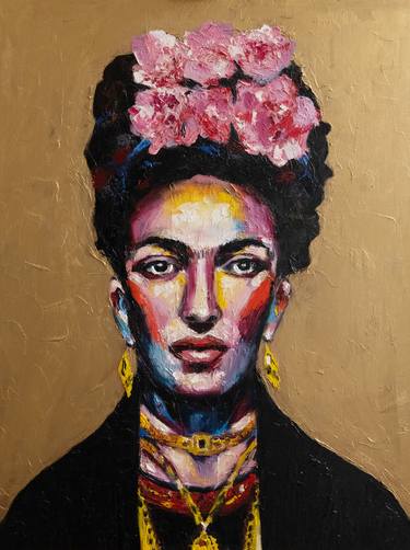 Frida Kahlo pop art contemporary portrait on a gold background thumb