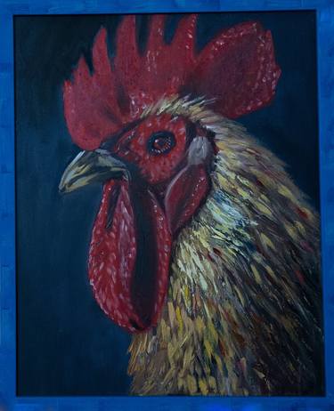 Red rooster animal oil painting in a blue frame thumb