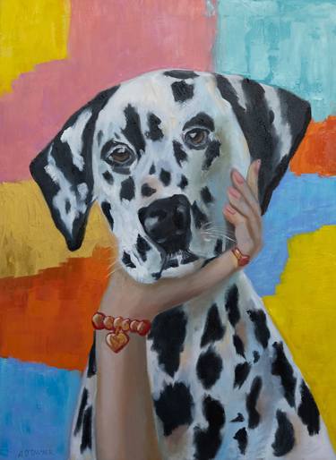 Dalmatin dog pop art animal portrait with female hand thumb