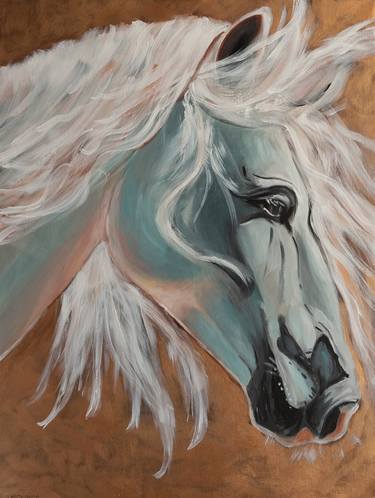 White horse portrait on a gold background thumb