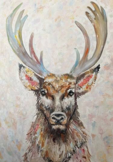 Deer art, animals painting oil on a canvas thumb